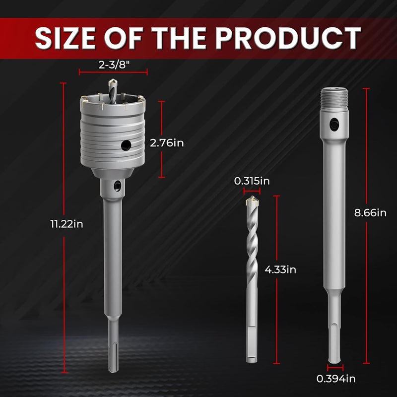 CSOOM Concrete Hole Saw 2-3/8" (60mm) with 220mm SDS Plus Shank Connecting Rod, Carbide Cement Hole Saw for Concrete Cement, Brick Wall Stone - Image 2